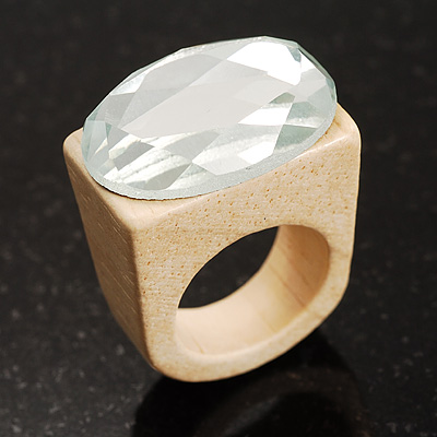 Clear Crystal Oval Glass Wooden Ring (Cream) - main view