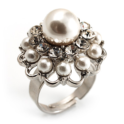 White Faux Pearl Crystal Dome Shape Ring (Silver Tone) - main view