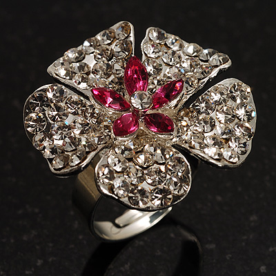 Silver Tone Diamante Flower Cocktail Ring (Clear & Fuchsia) - main view