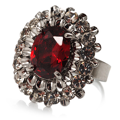 Hot Red Oval-Cut Cz Crystal Cocktail Ring (Silver Tone)