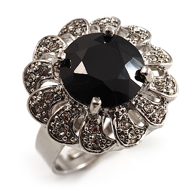 Jet Black Round-Cut CZ Flower Ring (Silver Tone) - main view