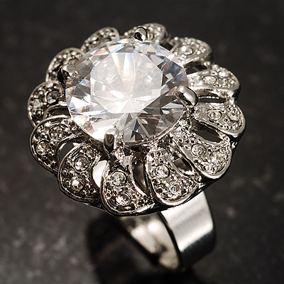 Clear Round-Cut CZ Flower Ring (Silver Tone) - main view