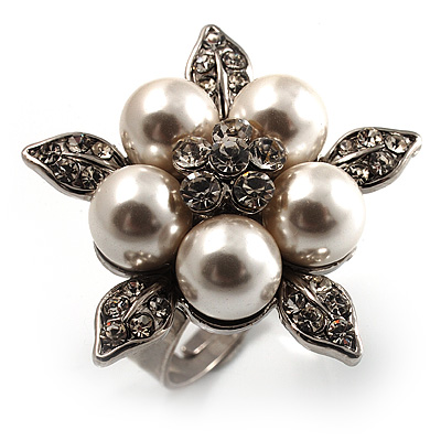 Bridal Snow White Faux Pearl Crystal Flower Ring (Silver Tone)