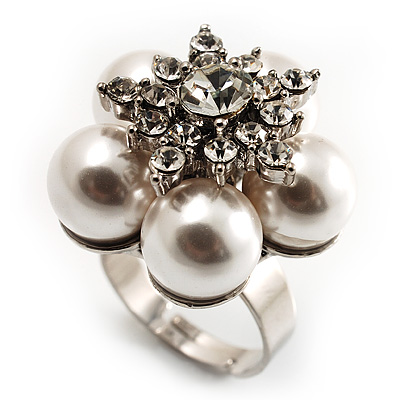 Snow White Faux Pearl Diamante Flower Ring (Silver Tone) - main view