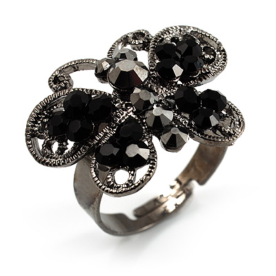 Charming Jet Black Diamante Butterfly Ring - main view