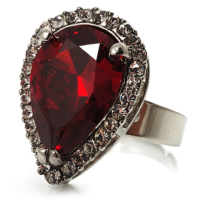 Pear-Cut Hot Red CZ Diamante Fashion Ring (Silver-Tone) - main view
