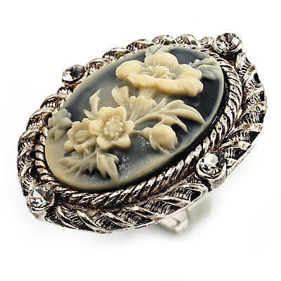Vintage Floral Crystal Cameo Ring (Burnished Silver) - main view