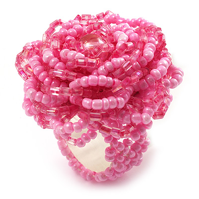 Baby Pink Glass Bead Flower Stretch Ring - main view