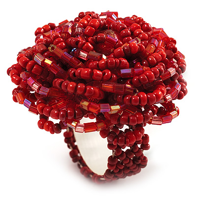 Red Glass Bead Flower Stretch Ring - main view