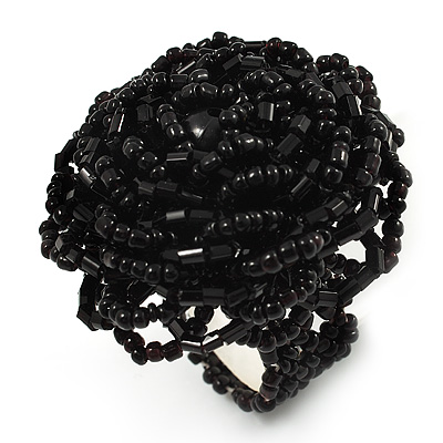Black Glass Bead Flower Stretch Ring