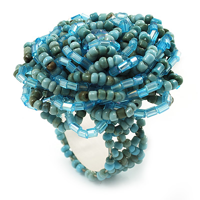 Light Blue Glass Bead Flower Stretch Ring