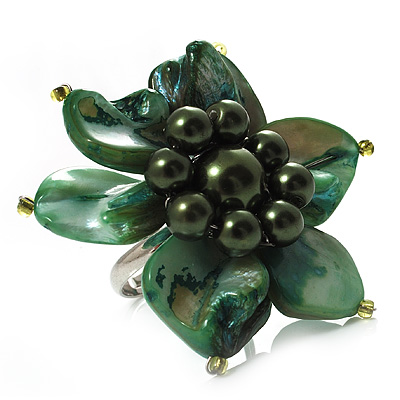 Olive Green Shell Flower Rings (Silver Tone) - main view