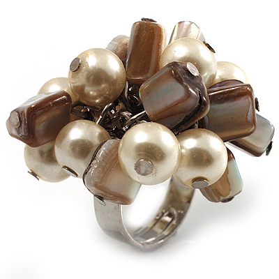 Faux Pearl & Shell Cluster Silver Tone Ring (Light Cream & Antique White) - main view