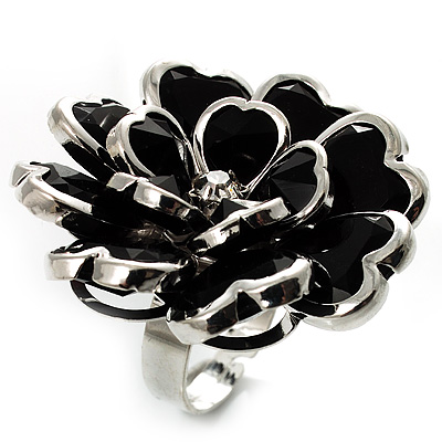 Black Floral Cocktail Ring (Silver Tone) - main view