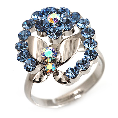 Crystal Butterfly And Flower Ring (Silver&Light Blue) - main view