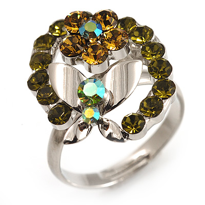 Crystal Butterfly And Flower Ring (Silver&Olive Green) - main view