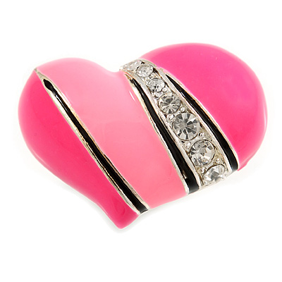 Bright Pink Enamel Diamante Asymmetrical Heart Ring (Silver Tone) - main view