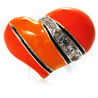 Bright Orange Enamel Diamante Asymmetrical Heart Ring (Silver Tone) - main view