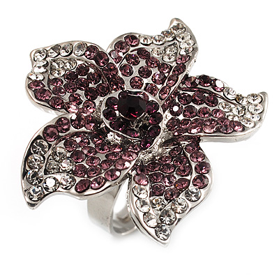 Light Purple Diamante Flower Ring (Silver Tone) - main view