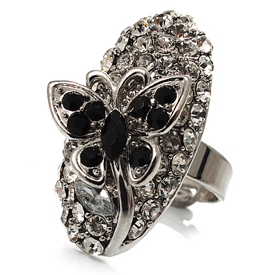 Oval Diamante Butterfly Ring (Silver Tone) - main view