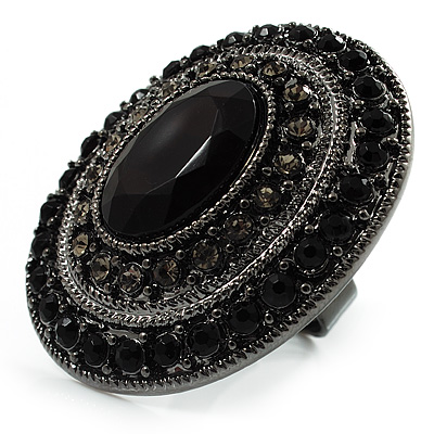 Large Black Oval Crystal Cocktail Ring (Black Tone) - main view