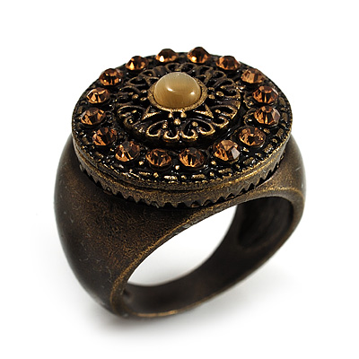 Bronze Tone Amber Coloured Crystal Shield Ring - main view