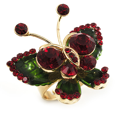 3D Gold Tone Crystal Butterfly Ring (Ruby Red & Dark Green Colours)