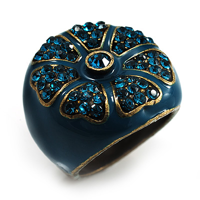 Crystal Floral Teal Coloured Enamel Shield Ring (Bronze Tone) - main view