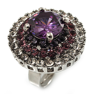 Amethyst CZ Statement Cocktail Ring (Silver Tone) - main view