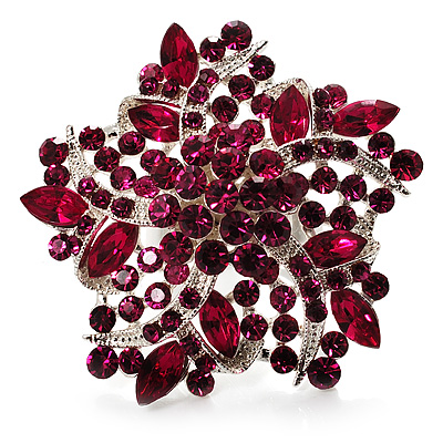 Large Magenta Crystal Flower Cocktail Ring (Silver Tone) - main view