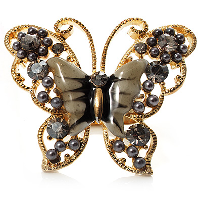 Large Ash Grey Enamel Butterfly Ring (Gold Tone) - main view