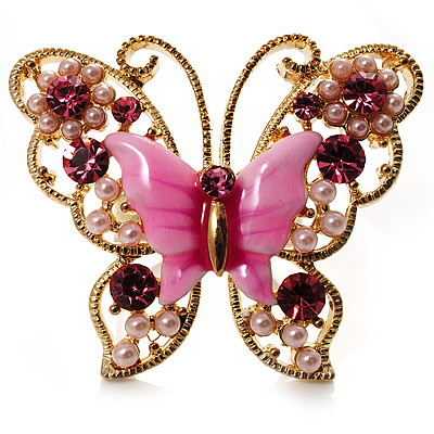 Large Bright Pink Enamel Butterfly Ring (Gold Tone) - main view