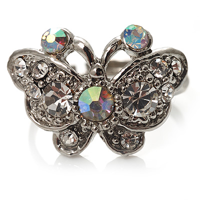 Tiny Crystal Butterfly Ring (Silver Tone)