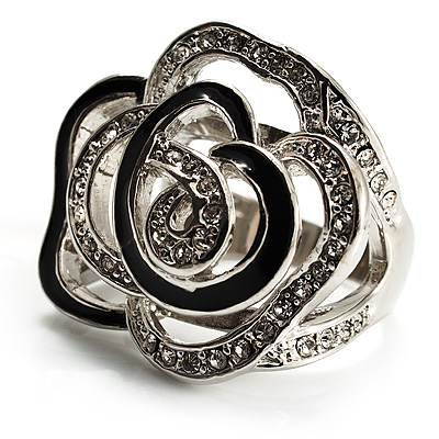 Open Crystal Rose Fashion Ring (Rhodium Plated Finish) - main view