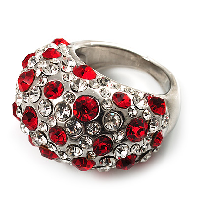 Gemset Domed Pave Cocktail Ring (Silver Tone & Red, Clear) - main view
