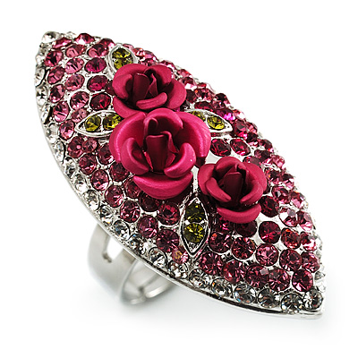 Oval Crystal Rose Cocktail Ring (Silver Tone) - main view