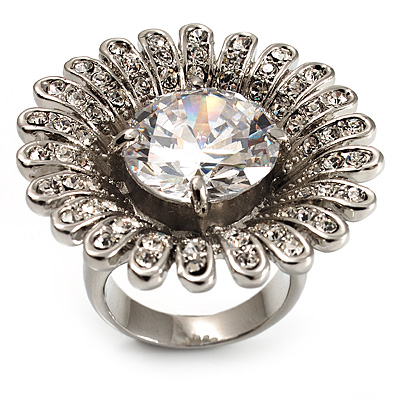 Large Floral Clear CZ Cocktail Ring (Silver Tone) - main view