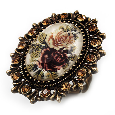 Vintage Floral Crystal Cameo Ring (Bronze Tone) - main view