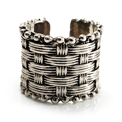 Burn Silver Wide Band Weaved Ring