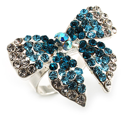 Silver-Tone Crystal Bow Ring (Teal, Sky Blue & Clear) - main view