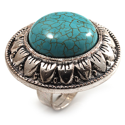 Round Turquoise Stone Cocktail Ring (Burn Silver Tone) - main view