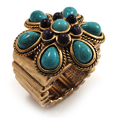 Turquoise Stone Flower Stretch Ring (Antique Gold Tone)