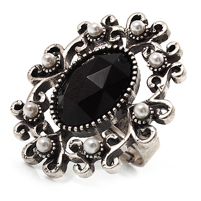 Victorian Filigree Imitation Pearl Cocktail Ring (Antique Silver & Black) - main view