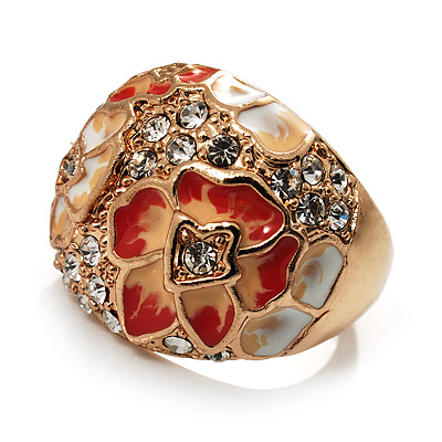 Dome Shaped Crystal Flower Ring (Gold Tone) - main view