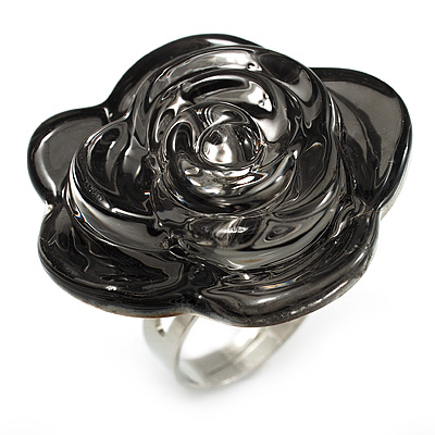 Large Dim Grey Resin Rose Cocktail Ring (Silver Tone) - main view