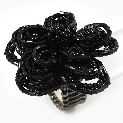 Large Black Glass Flower Stretch Ring - main view