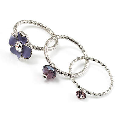 Set Of 3 Floral & Bead Rings (Silver Tone & Lavender) - main view