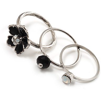 Set Of 3 Floral & Bead Rings (Silver Tone & Black) - main view