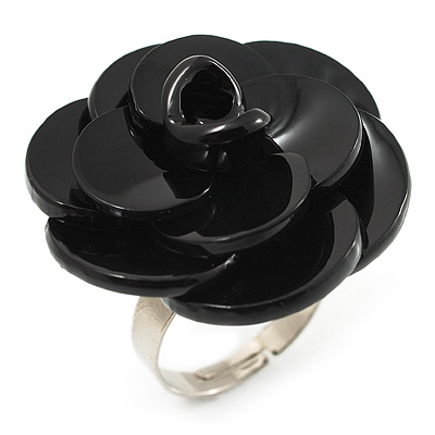 Black Acrylic Rose Ring (Silver Tone) - main view
