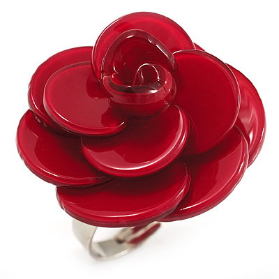 Crimson Acrylic Rose Ring (Silver Tone) - main view